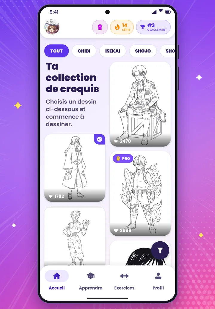 L'écran d'accueil de SketchAI : une collection de croquis de personnages à dessiner.