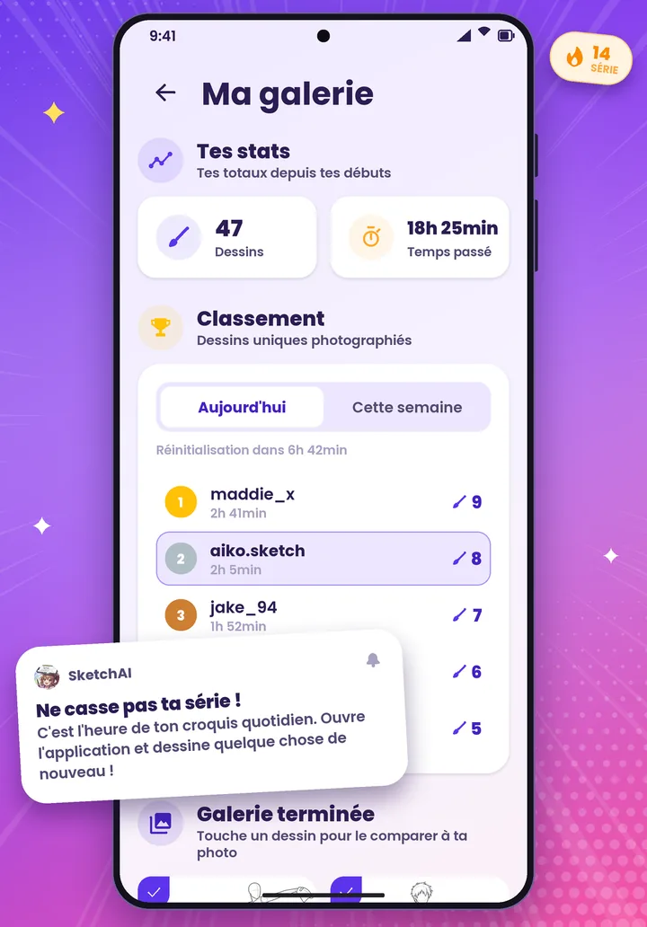 La galerie de SketchAI avec les stats, le classement et un rappel de série.