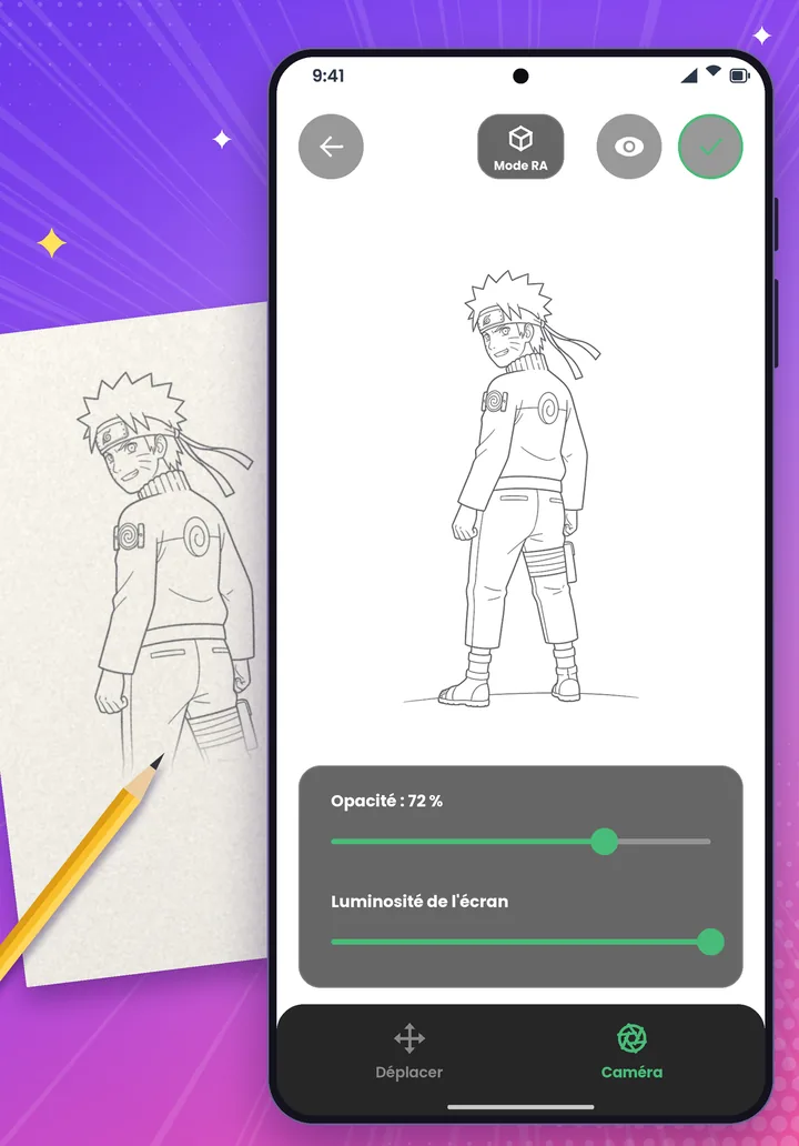 Le mode RA de SketchAI : un croquis de personnage à l'écran avec les réglages d'opacité et de luminosité.