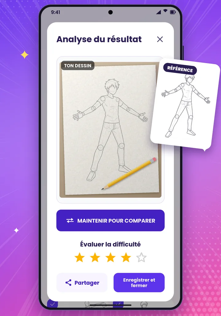 L'analyse du résultat : la photo du dessin à côté du croquis de référence.