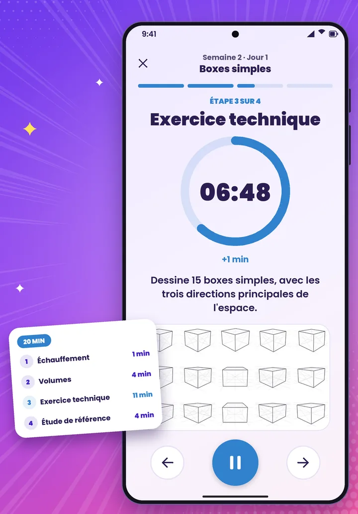 Une séance du programme : l'exercice technique du jour avec son minuteur.